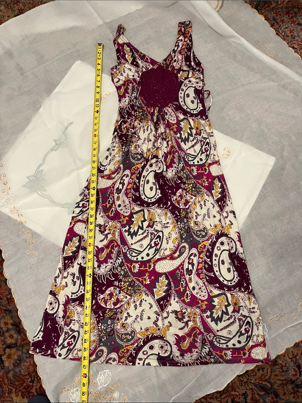 Lani Burgundy and White Paisley Midi Dress with Gold Accents